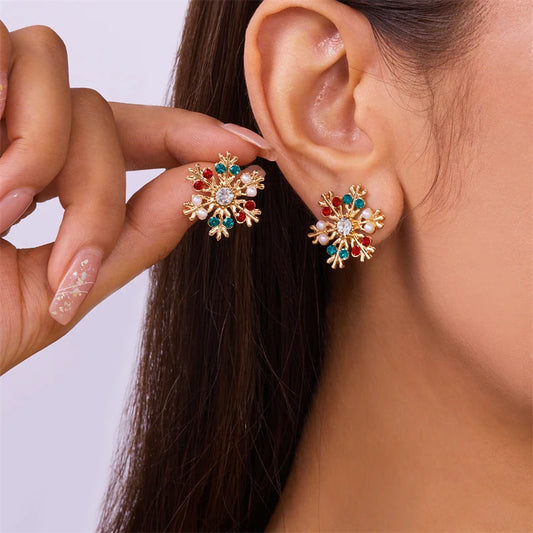 Sparkling Multicolor Snowflake Crystal Stud Earrings – Elegant Holiday Zircon Jewelry for Christmas Cheer