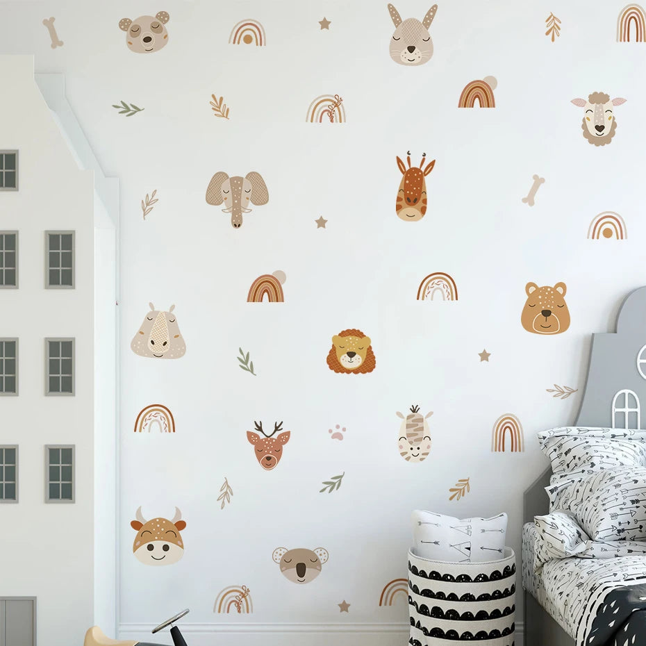 Boho Style Woodland Animals Rainbow Lion Wall Stickers for Kids Room Baby Nursery Wall Decal Vinyl Mural Bedroom Home Decor