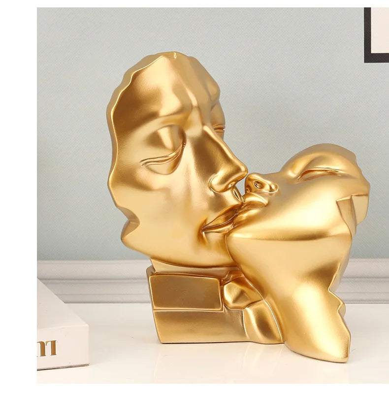 Resin Crafts Abstract Portrait Sculpture – Gold Couple Head Ornament for Wedding Gifts & Home Decoration