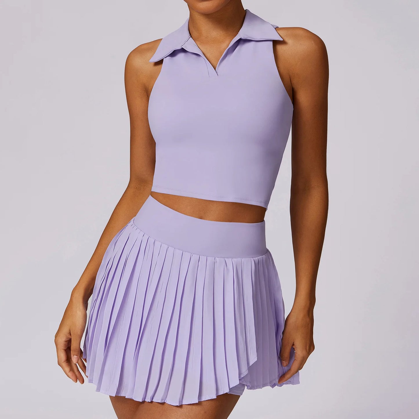 Women’s Sports Tennis Set – Pleated Skirt and Collared Crop Top for Tennis, Golf, and Casual Sports