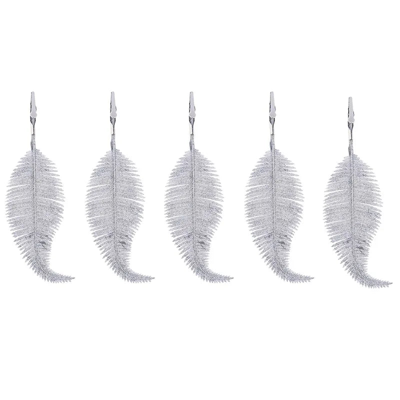 5Pcs Glittering Feather Artificial Leaves Clip – Christmas Tree Ornaments for Home & Party Decorations