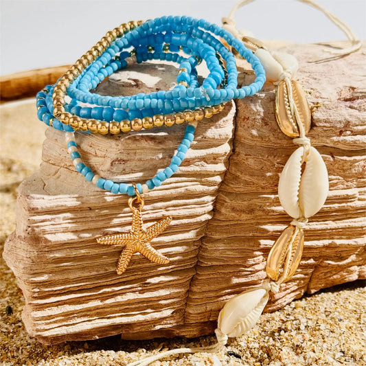 Boho Starfish & Shell Charm Bracelet Set – 7-Piece Layered Beach Jewelry