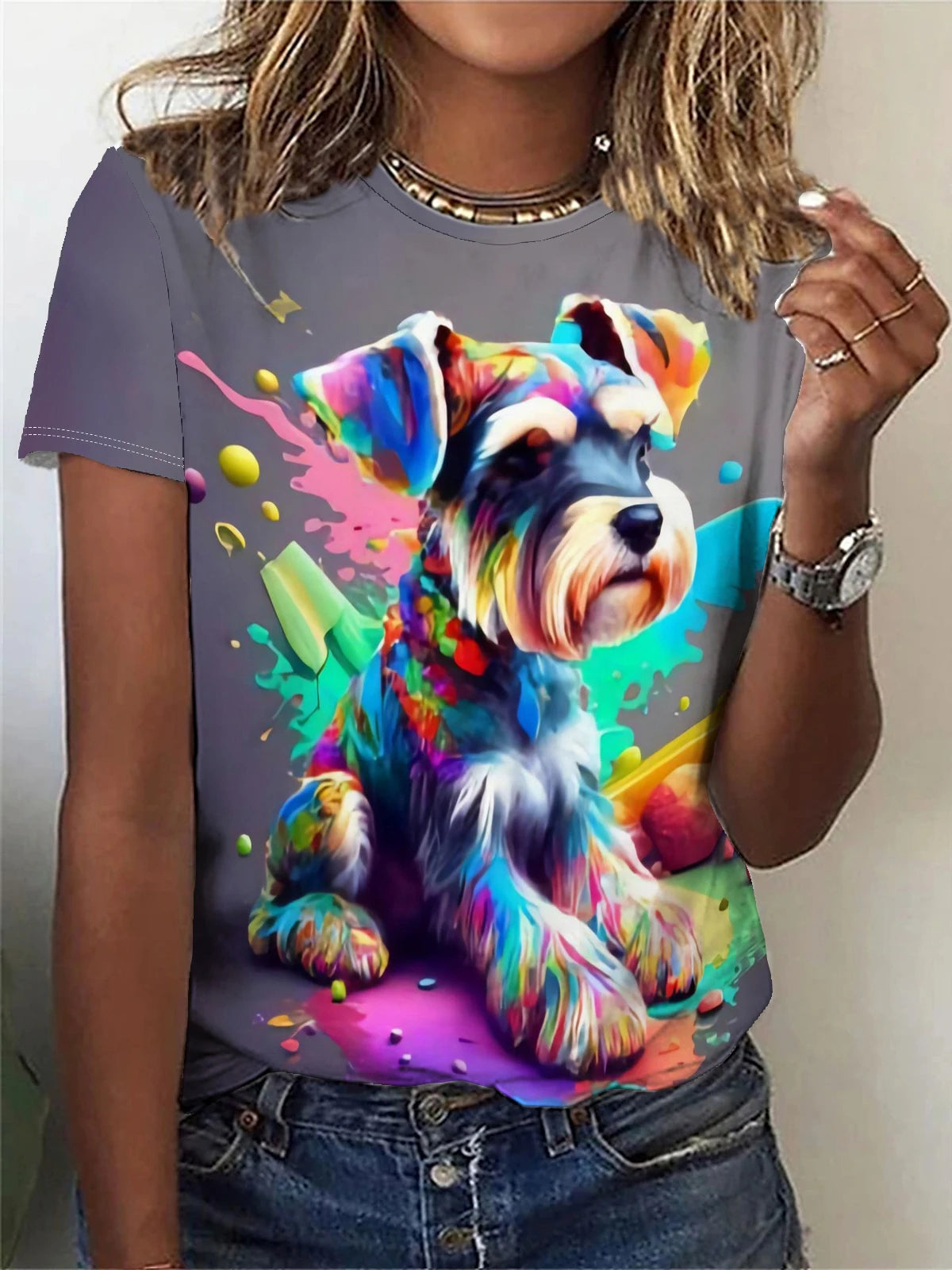 Playful Colored Spotted Dog Print T-Shirt – Casual Crew Neck Top for Women’s Spring & Summer Style