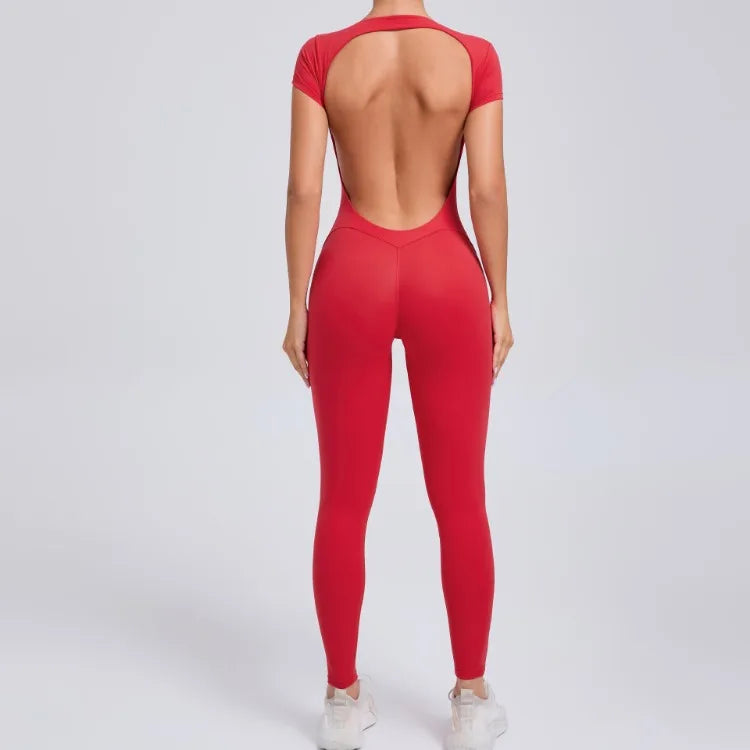 Seamless Yoga Jumpsuit – Short-Sleeved Backless One-Piece Workout Suit for Women, Hip-Lifting Fitness Tracksuit