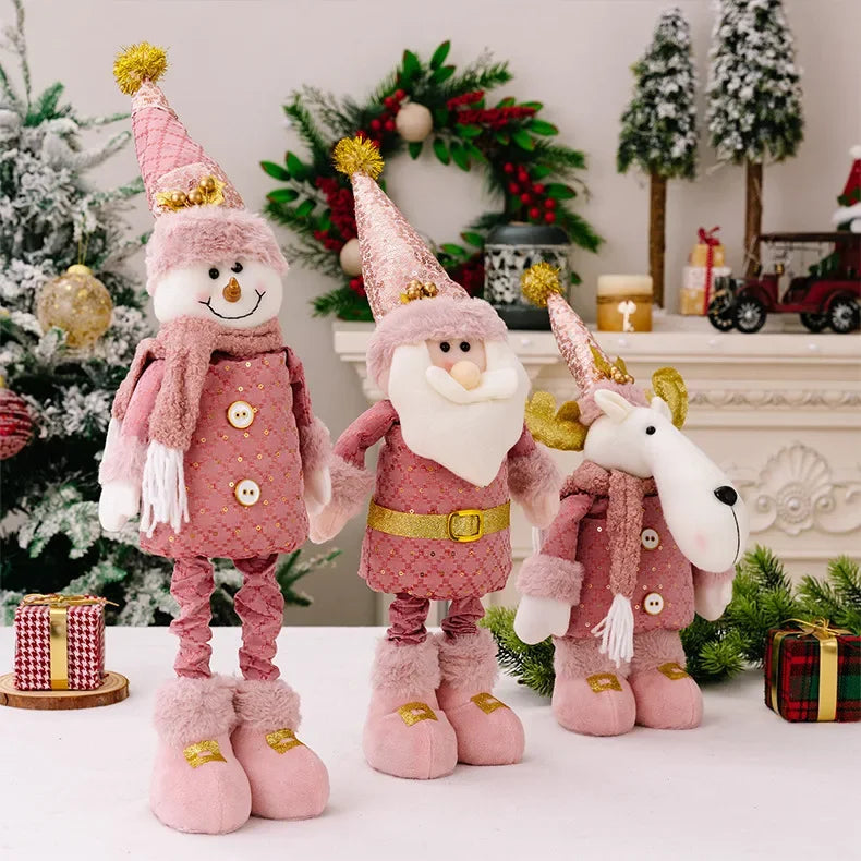 Christmas Pink Santa Claus, Snowman, & Reindeer Telescopic Doll – Festive Home Decorations & Kids Gifts