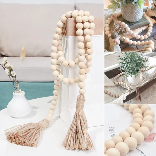 Wood Bead Garland Farmhouse Wall Hanging – DIY Handmade Garland with Jute Tassels for Rustic & Boho Home Decor