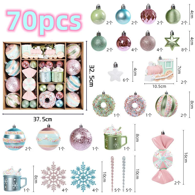 Macaron Ice Cream Christmas Ball Ornaments – Hand-Painted Plastic Baubles for Xmas Tree Decor (32/48/70pcs)