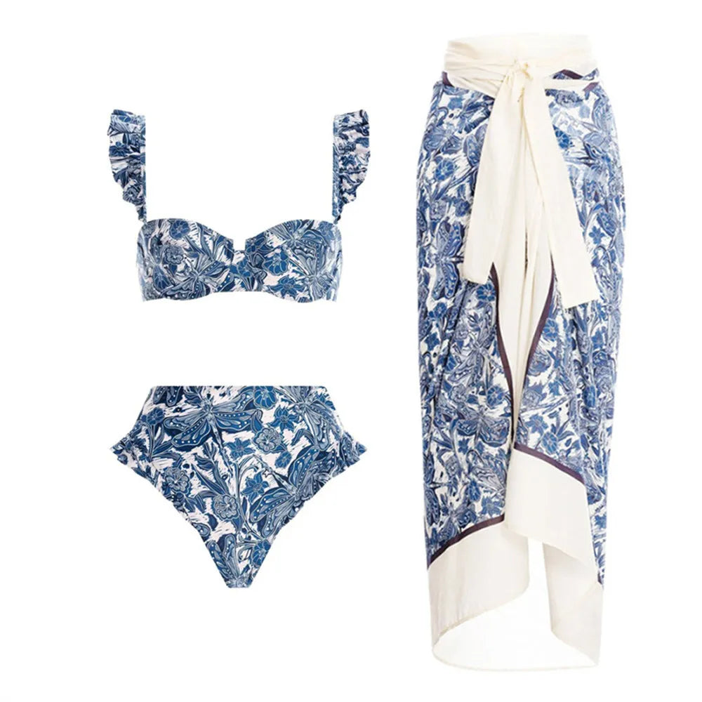 Porcelain Print Bikini Set with Skirt Cover-Up – Lace-Up Beachwear