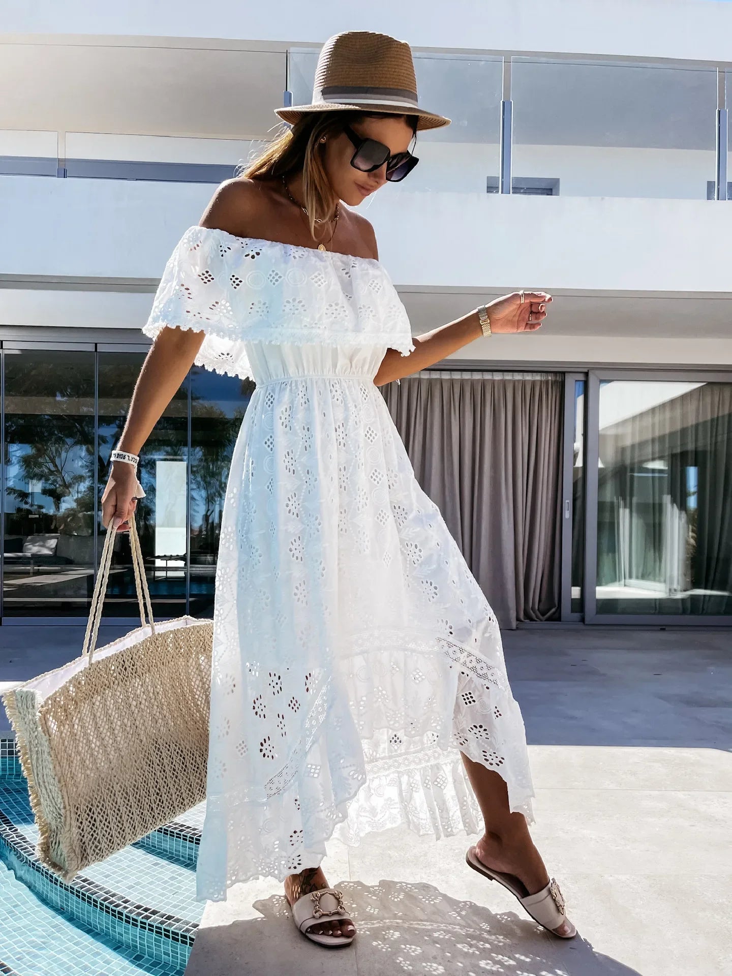 Bohemian White Lace One-Shoulder Maxi Dress – Elegant Beach & Summer Style for Women