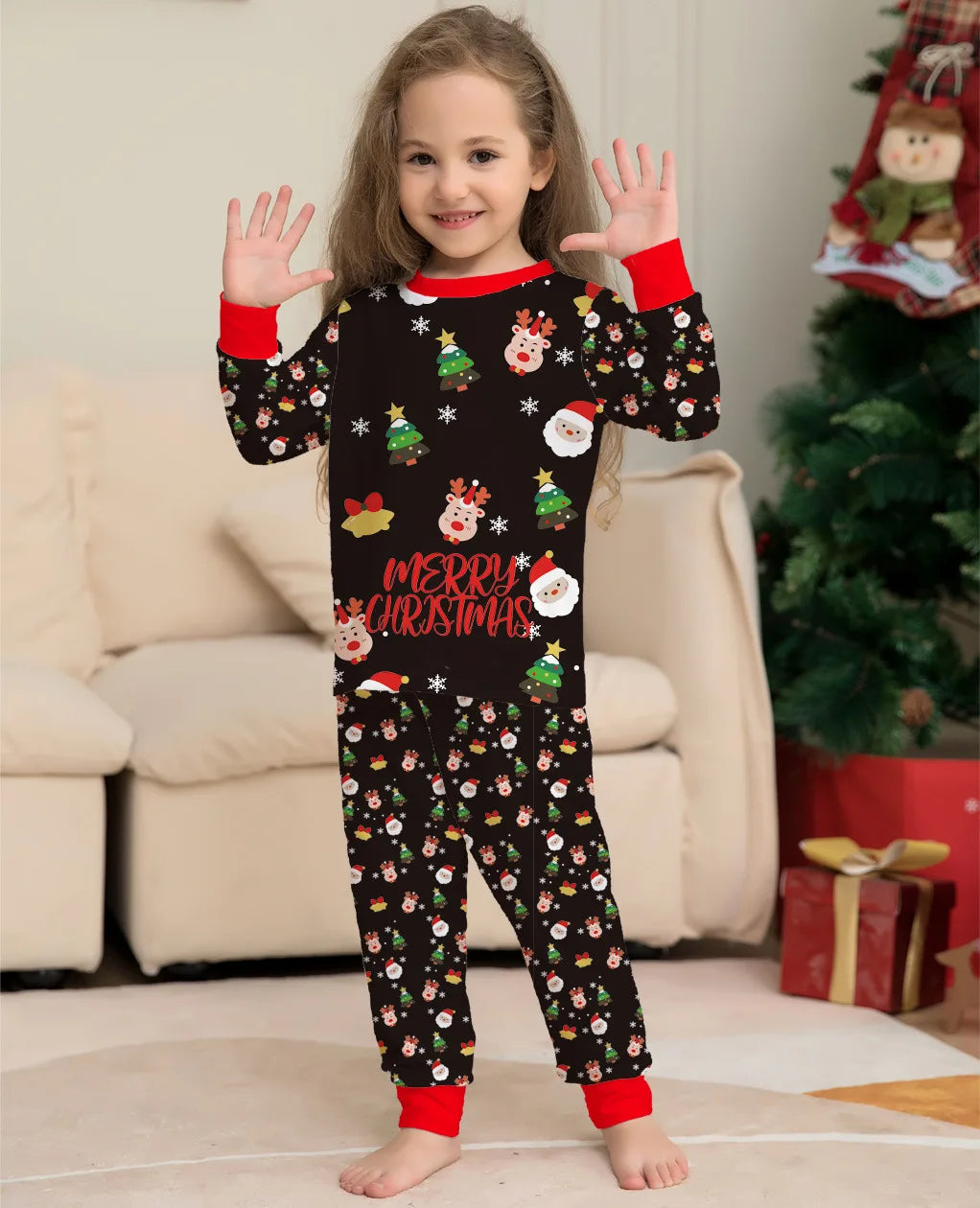 Christmas Family Matching Pajamas Set – Deer & Santa Print PJs with Baby Romper + Dog Outfit