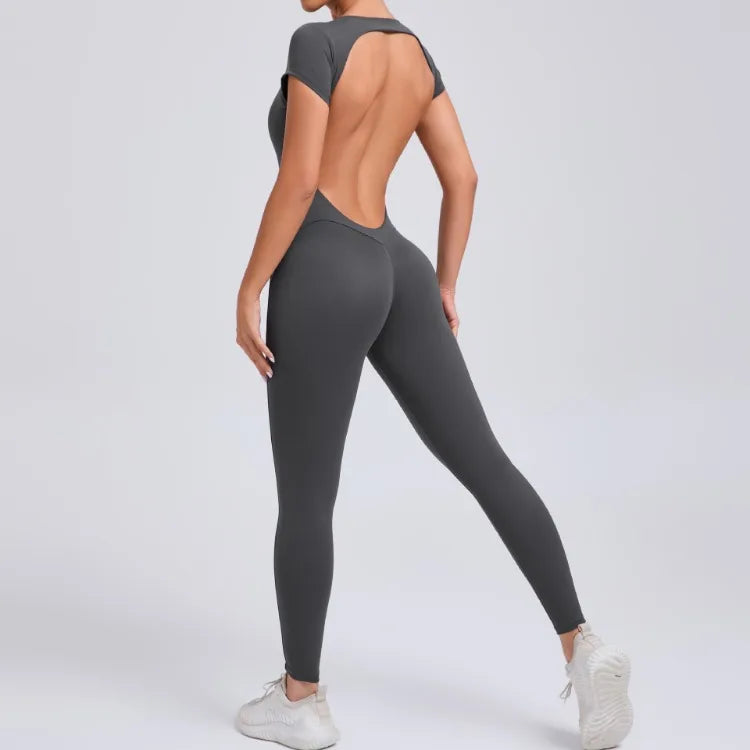 Seamless Yoga Jumpsuit – Short-Sleeved Backless One-Piece Workout Suit for Women, Hip-Lifting Fitness Tracksuit