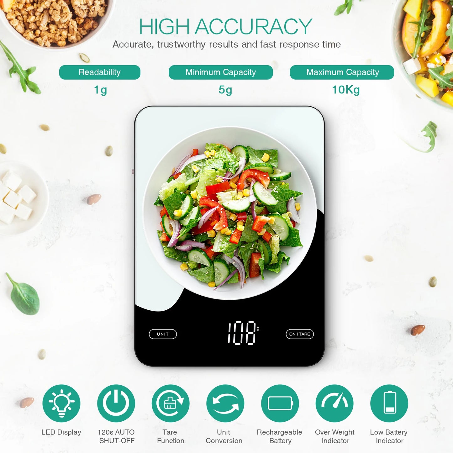 AMIR Digital Kitchen Scale with Nutrition Tracking – 10kg/1g Precision, Smart App Integration, Rechargeable, and LED Display