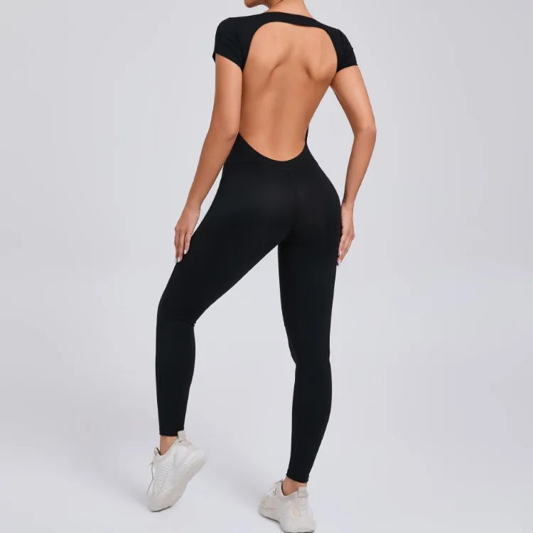 Seamless Yoga Jumpsuit – Short-Sleeved Backless One-Piece Workout Suit for Women, Hip-Lifting Fitness Tracksuit