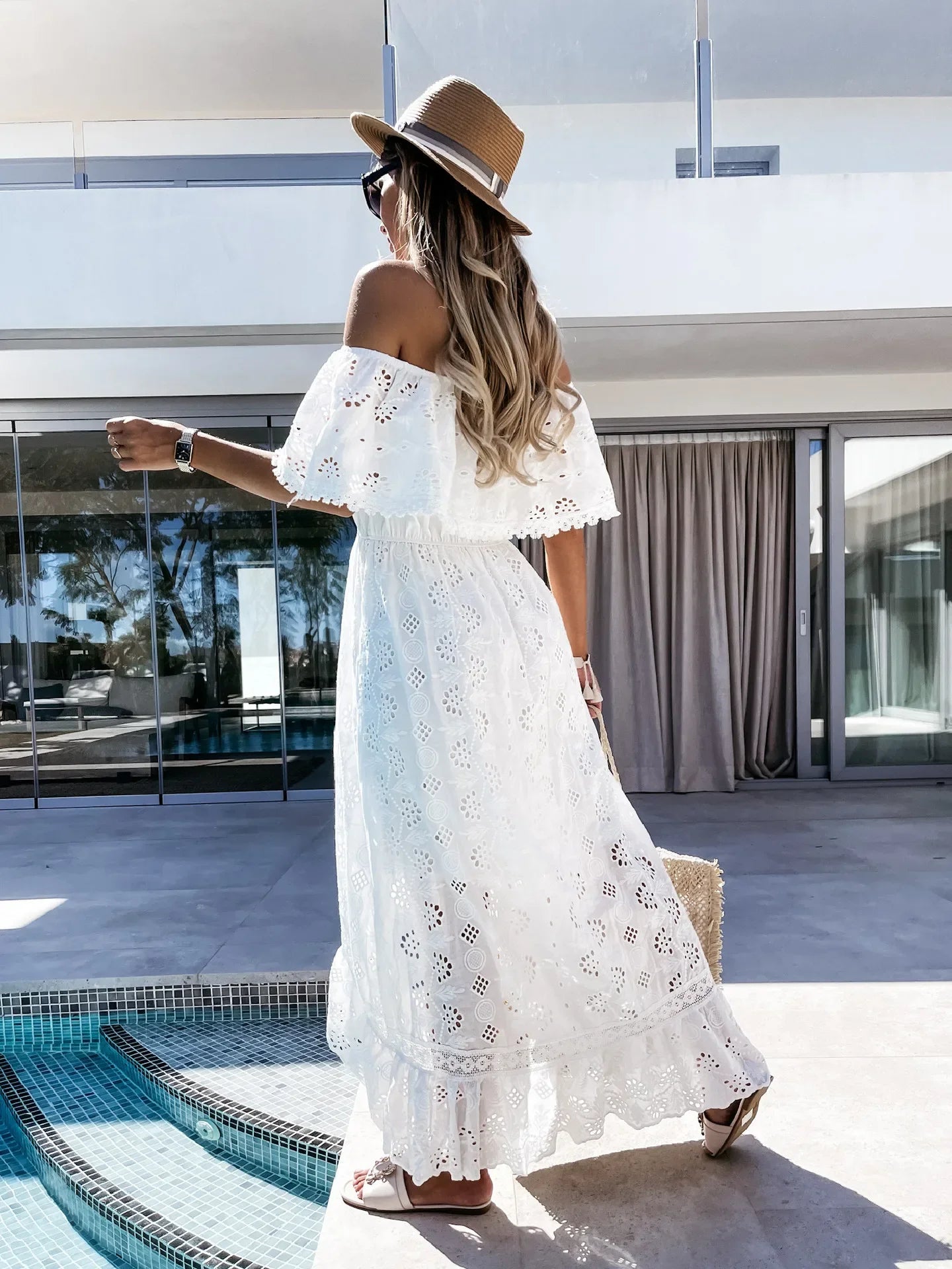 Bohemian White Lace One-Shoulder Maxi Dress – Elegant Beach & Summer Style for Women