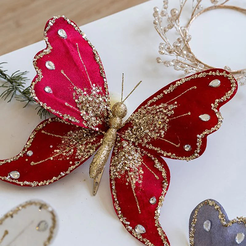 Christmas Glitter Butterfly Ornament with Clip – DIY Wreath & Tree Pendant for New Year Gifts