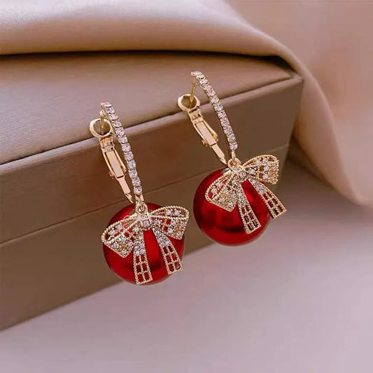 Elegant Crystal Bow Knot Drop Earrings – Exquisite Red Pearl Dangle for Christmas & Party Glam ✨🎀