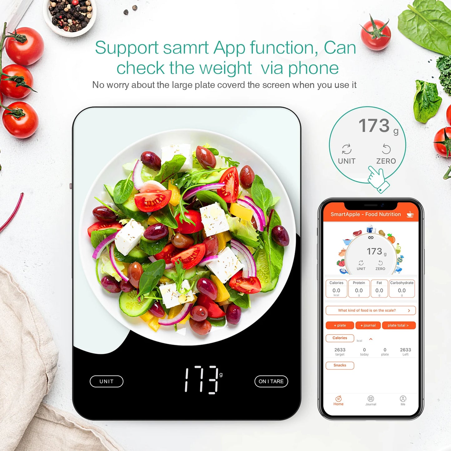 AMIR Digital Kitchen Scale with Nutrition Tracking – 10kg/1g Precision, Smart App Integration, Rechargeable, and LED Display