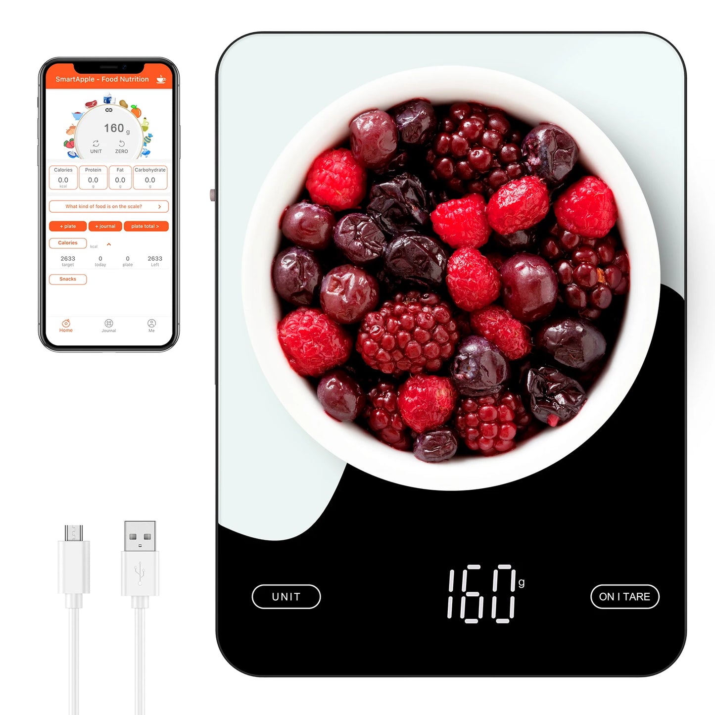 AMIR Digital Kitchen Scale with Nutrition Tracking – 10kg/1g Precision, Smart App Integration, Rechargeable, and LED Display