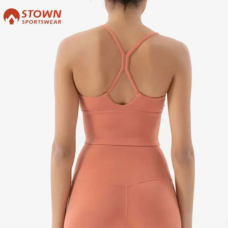 STOWN SPORTSWEAR Women's Strappy Sports Bra – Nude Yoga Vest with Double-Sided Brushed Lycra