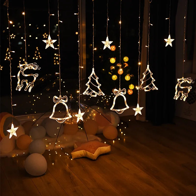 Christmas Lights LED Deer Star Moon String Light – Fairy Curtain Garland for Holiday Party & Outdoor Decor