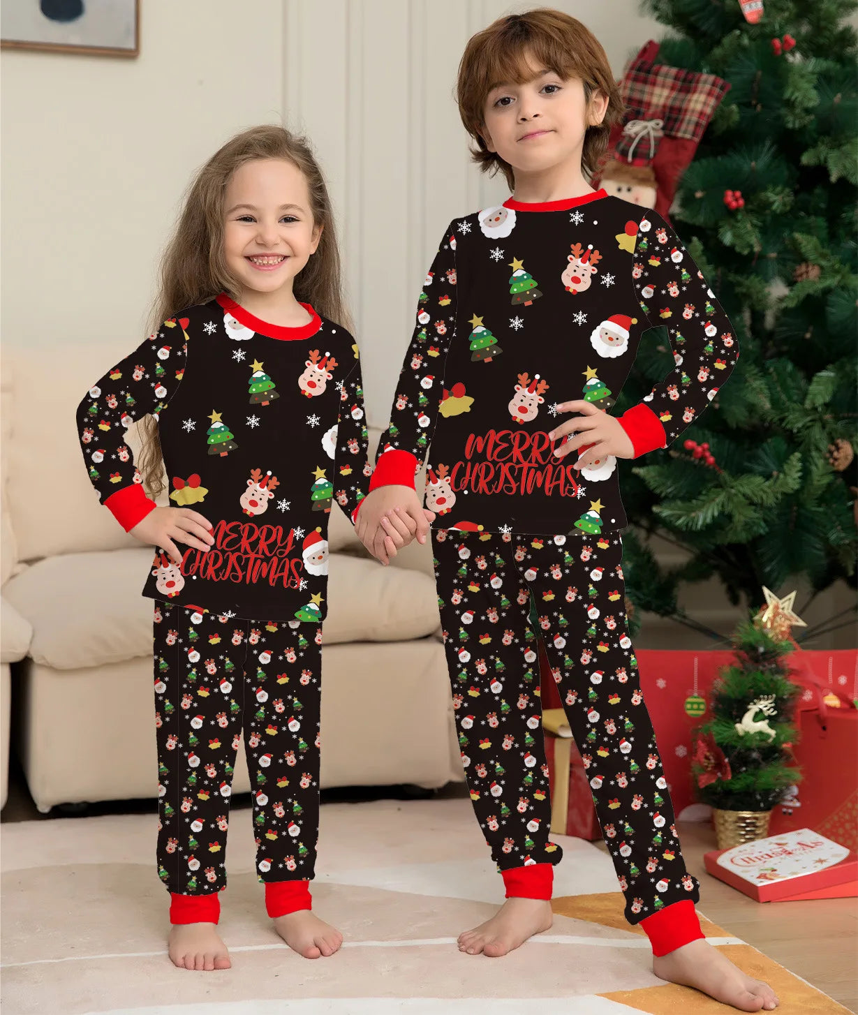 Christmas Family Matching Pajamas Set – Deer & Santa Print PJs with Baby Romper + Dog Outfit