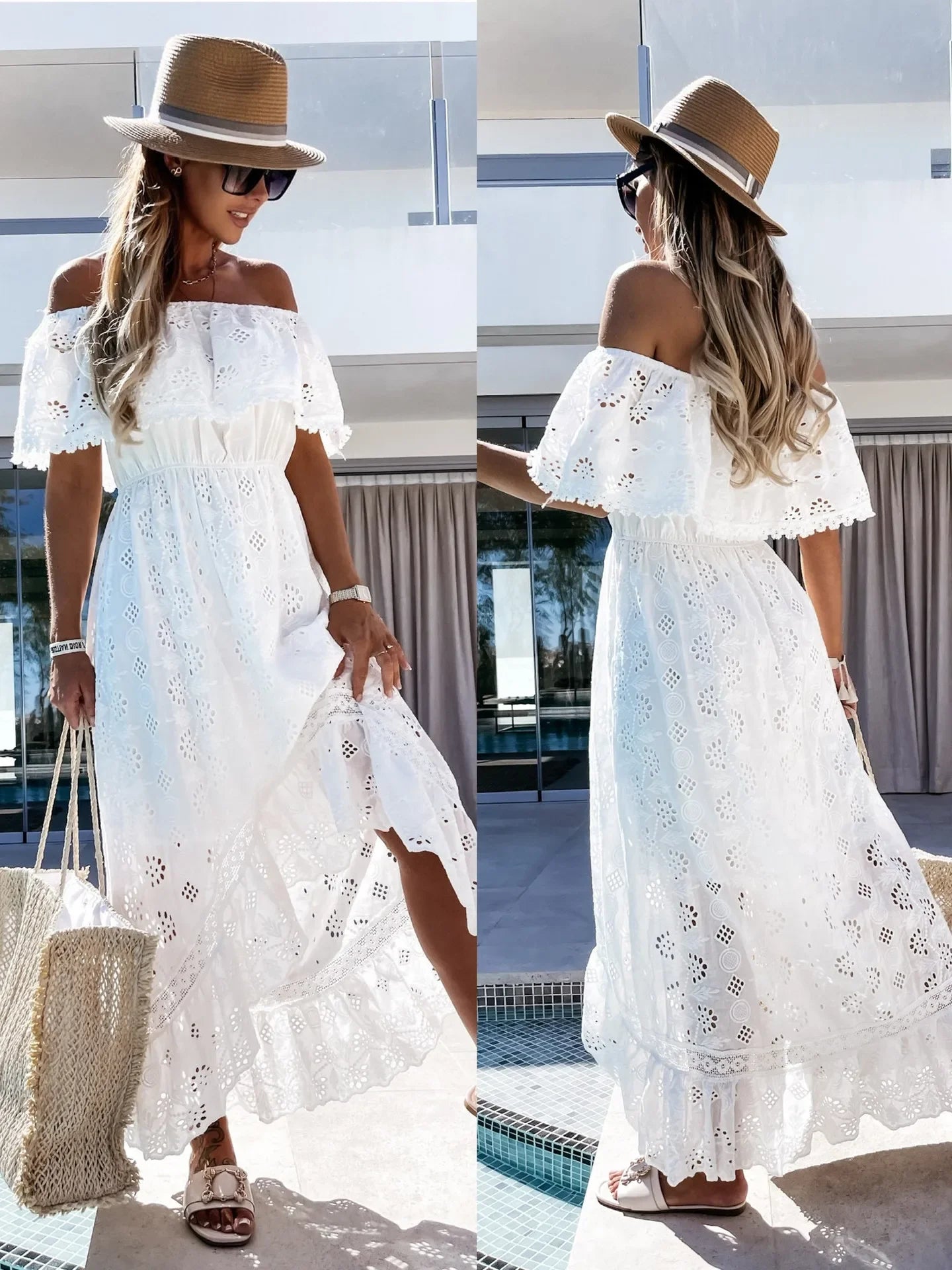 Bohemian White Lace One-Shoulder Maxi Dress – Elegant Beach & Summer Style for Women