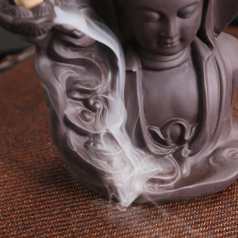 Purple Clay Avalokitesvara Backflow Incense Burner – Ceramic Buddha Incense Holder for Meditation & Home Decor