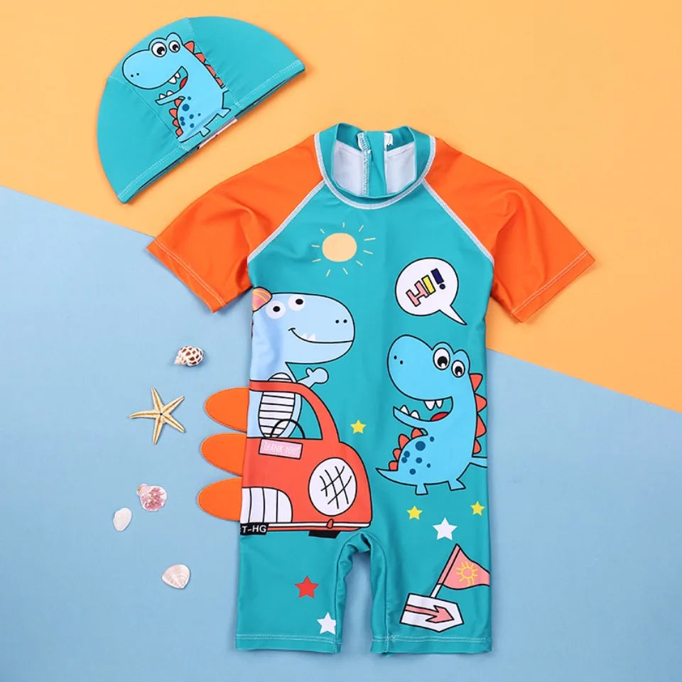 New Boys One-Piece Swimwear – Cartoon Print Quick-Dry Sunscreen Swimsuit for Kids