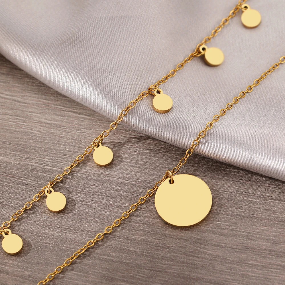 Elegant Geometric Round Pendant Necklace – Stainless Steel Multilayer Sweater Chain for Modern Style & Everyday Elegance ✨