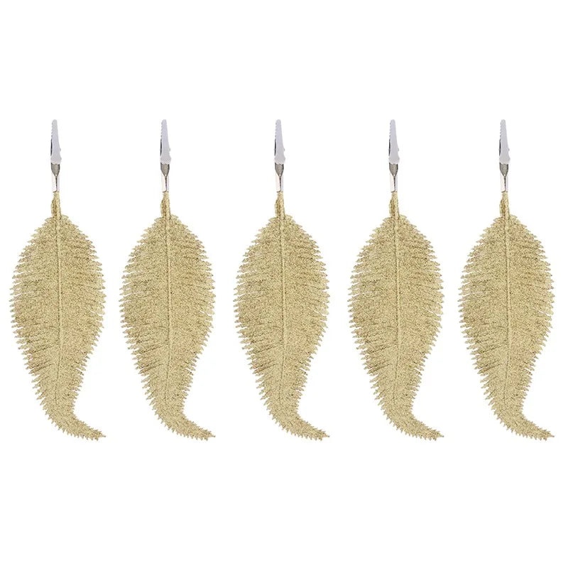 5Pcs Glittering Feather Artificial Leaves Clip – Christmas Tree Ornaments for Home & Party Decorations