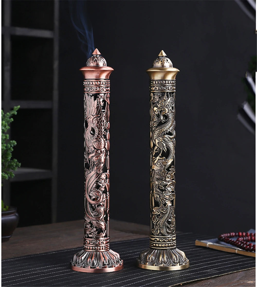 Archaize Vertical Incense Burner – Buddha Heart Sutra Dragon Phoenix Pillar