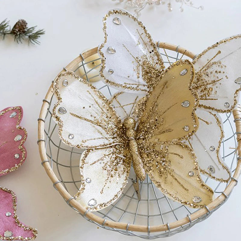 Christmas Glitter Butterfly Ornament with Clip – DIY Wreath & Tree Pendant for New Year Gifts