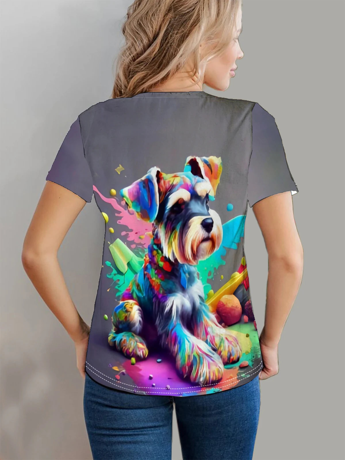 Playful Colored Spotted Dog Print T-Shirt – Casual Crew Neck Top for Women’s Spring & Summer Style