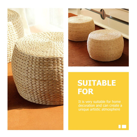 Blue Grass Cushion Floor Pouf – Outdoor Jute Ottoman Round Stool Bench