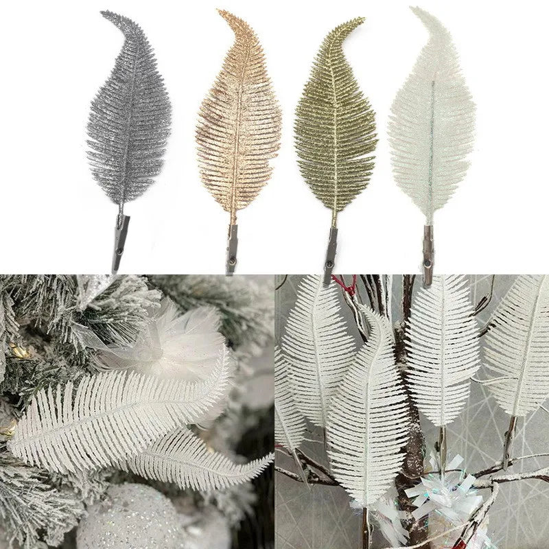 5Pcs Glittering Feather Artificial Leaves Clip – Christmas Tree Ornaments for Home & Party Decorations