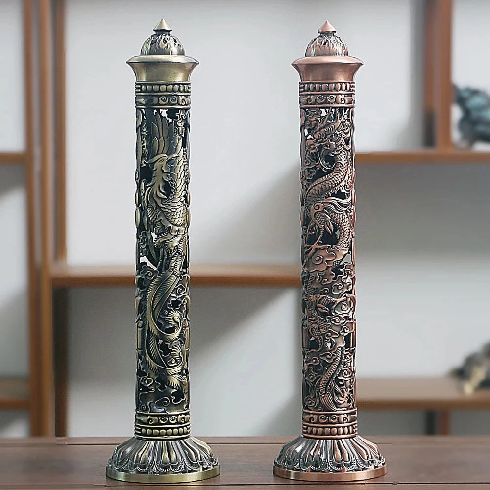 Archaize Vertical Incense Burner – Buddha Heart Sutra Dragon Phoenix Pillar