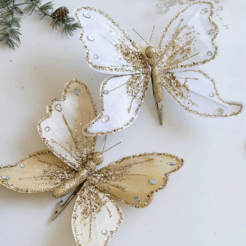 Christmas Glitter Butterfly Ornament with Clip – DIY Wreath & Tree Pendant for New Year Gifts