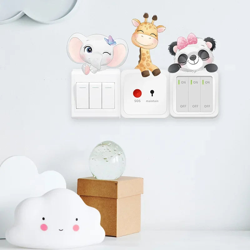 4pcs Cartoon Animal Switch Stickers – Elephant, Rabbit, Panda, and Giraffe Wall Decals for Kids Room Decor