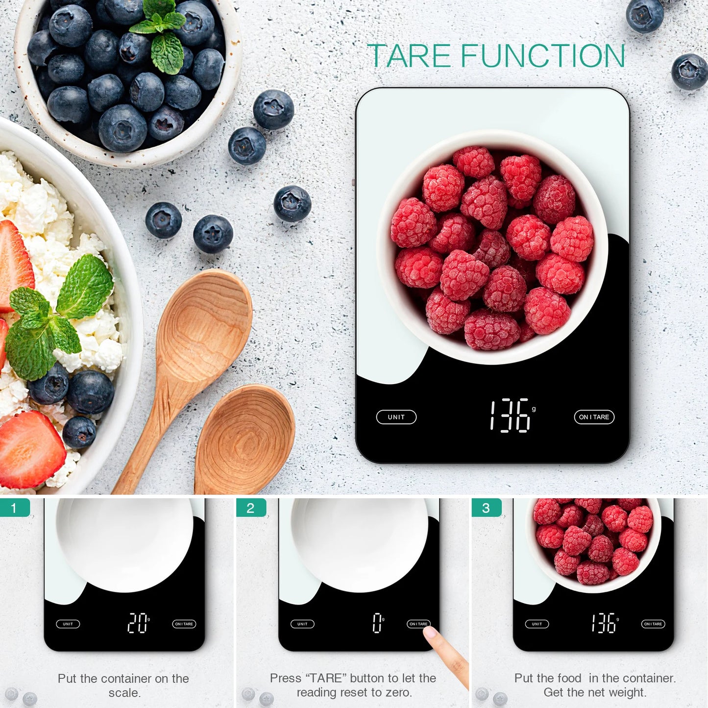 AMIR Digital Kitchen Scale with Nutrition Tracking – 10kg/1g Precision, Smart App Integration, Rechargeable, and LED Display