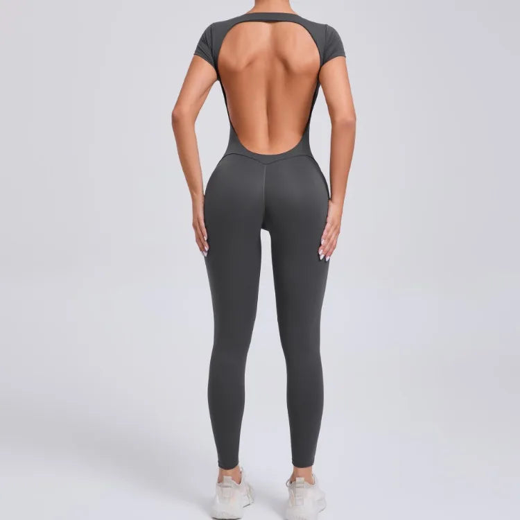 Seamless Yoga Jumpsuit – Short-Sleeved Backless One-Piece Workout Suit for Women, Hip-Lifting Fitness Tracksuit