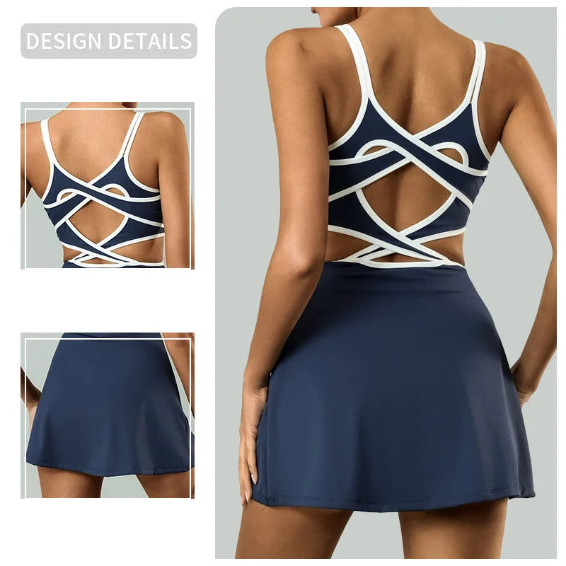 Women's Tennis Dress – Slim Fit Sports One-Piece with Back Cross Straps and Chest Pads