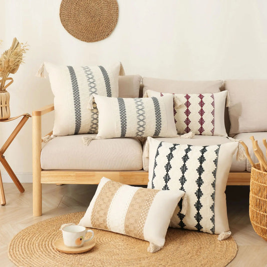 Boho Cotton and Linen Tassel Cushion Cover – Geometric Woven Pillowcase