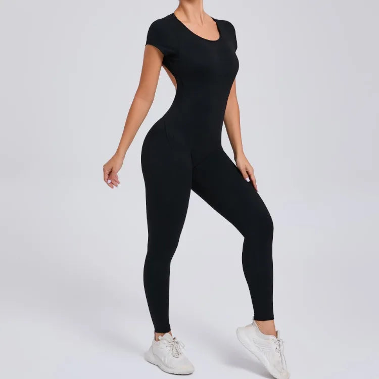 Seamless Yoga Jumpsuit – Short-Sleeved Backless One-Piece Workout Suit for Women, Hip-Lifting Fitness Tracksuit