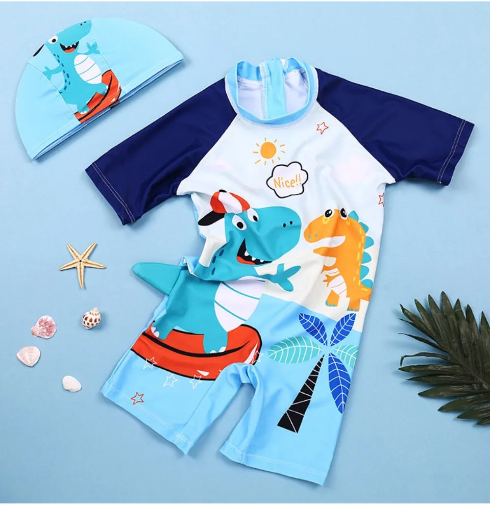 New Boys One-Piece Swimwear – Cartoon Print Quick-Dry Sunscreen Swimsuit for Kids