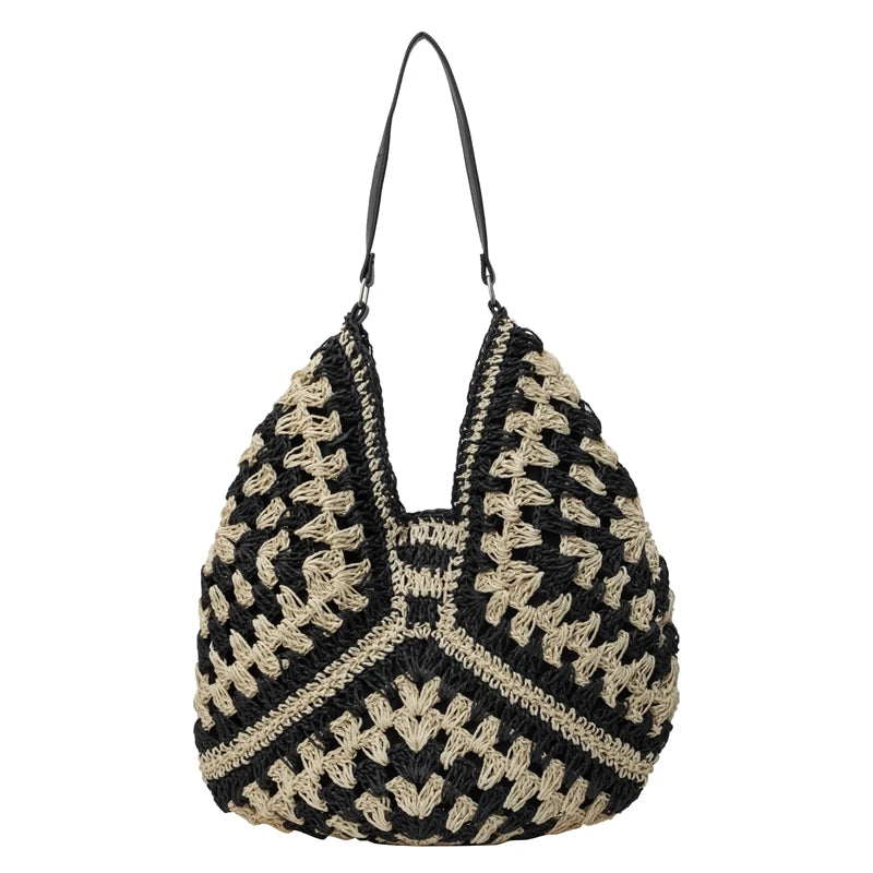 Bohemian Chic Woven Crossbody Tote – Stylish Hollow-Out Straw Handbag for Casual Outings