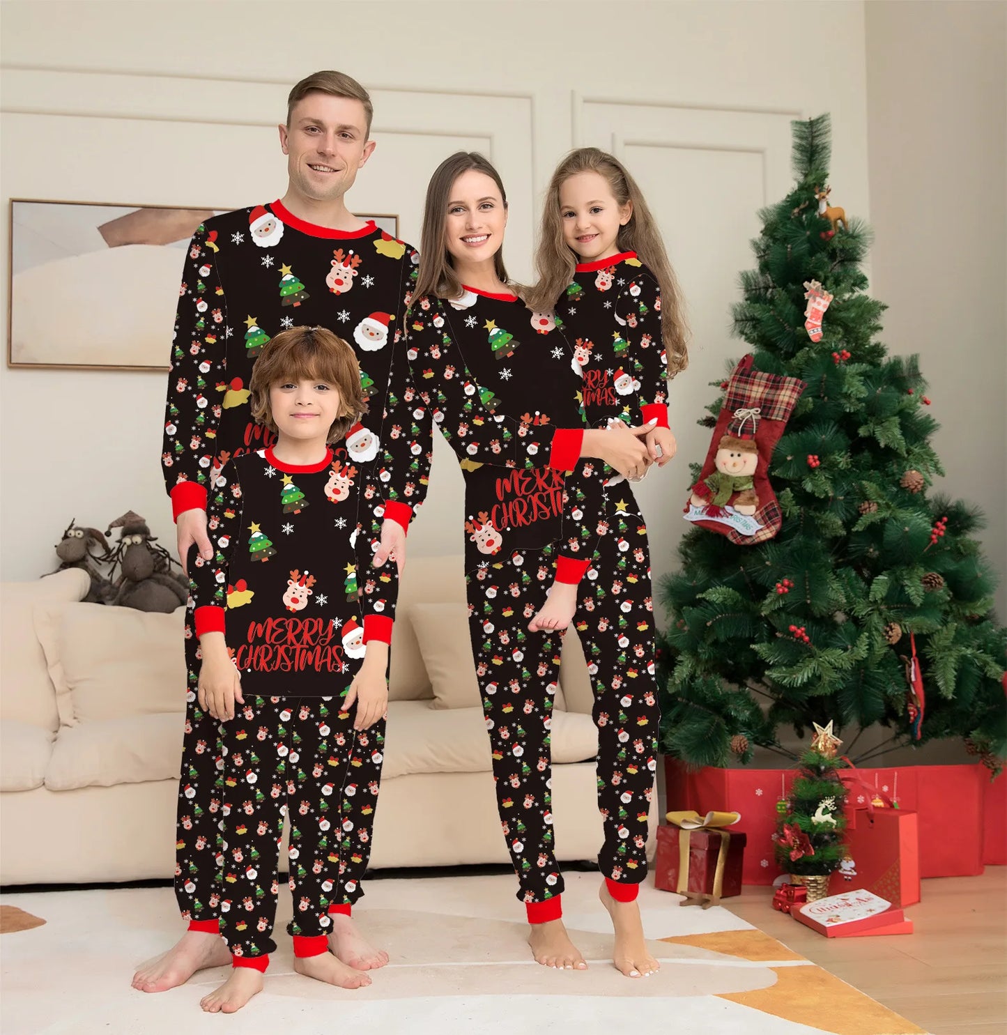 Christmas Family Matching Pajamas Set – Deer & Santa Print PJs with Baby Romper + Dog Outfit