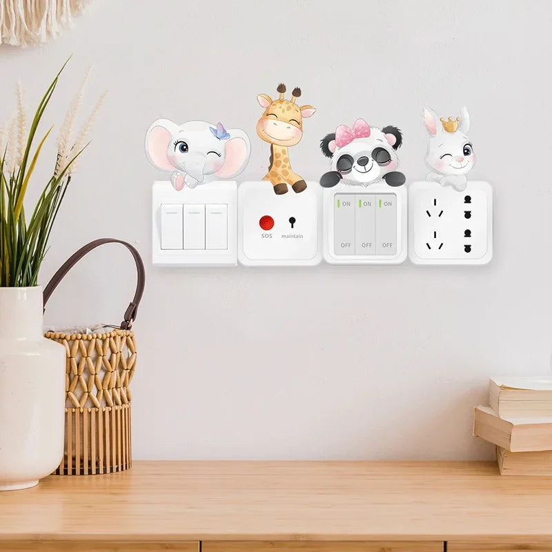 4pcs Cartoon Animal Switch Stickers – Elephant, Rabbit, Panda, and Giraffe Wall Decals for Kids Room Decor