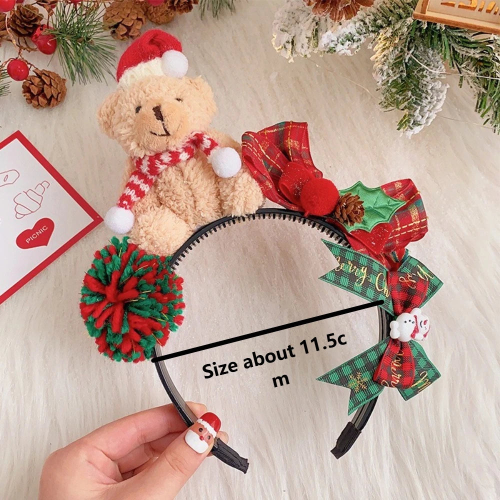 Cute Cartoon Christmas Headband – Fluffy Plush Bear Hair Clip with Bow for Kids