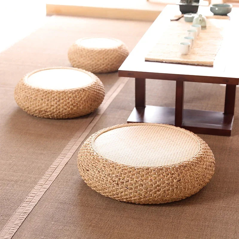 Natural Weave Straw Pouf Tatami Mat – Round Floor Cushion for Meditation, Yoga & Japanese-Style Seating