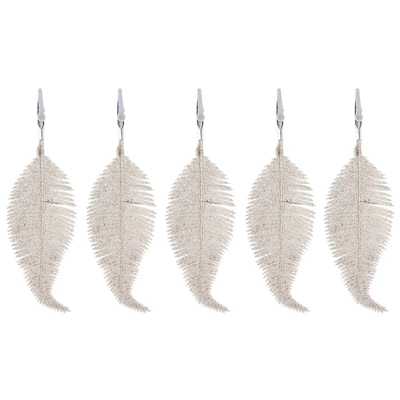 5Pcs Glittering Feather Artificial Leaves Clip – Christmas Tree Ornaments for Home & Party Decorations